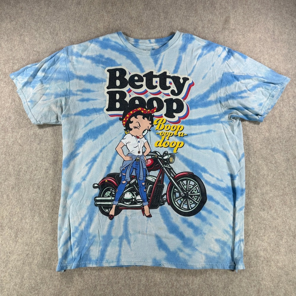 Y2K Betty Boop Womens Tie Dye Graphic T Shirt Motorcycle Biker Blue Size Large